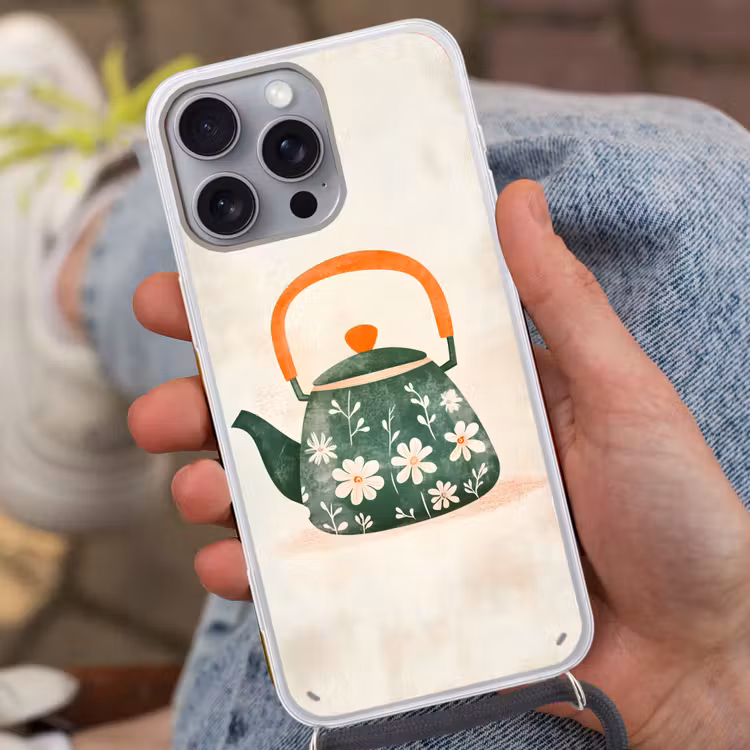 Theepot - Groen - Bloemen - Oranje Hoesje iPhone 16 Pro Max met koord klein -sfeer3