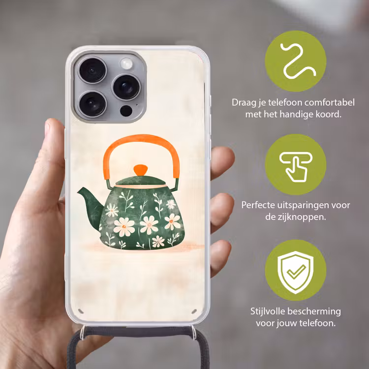 Theepot - Groen - Bloemen - Oranje Hoesje iPhone 16 Pro Max met koord klein -sfeer2_NL