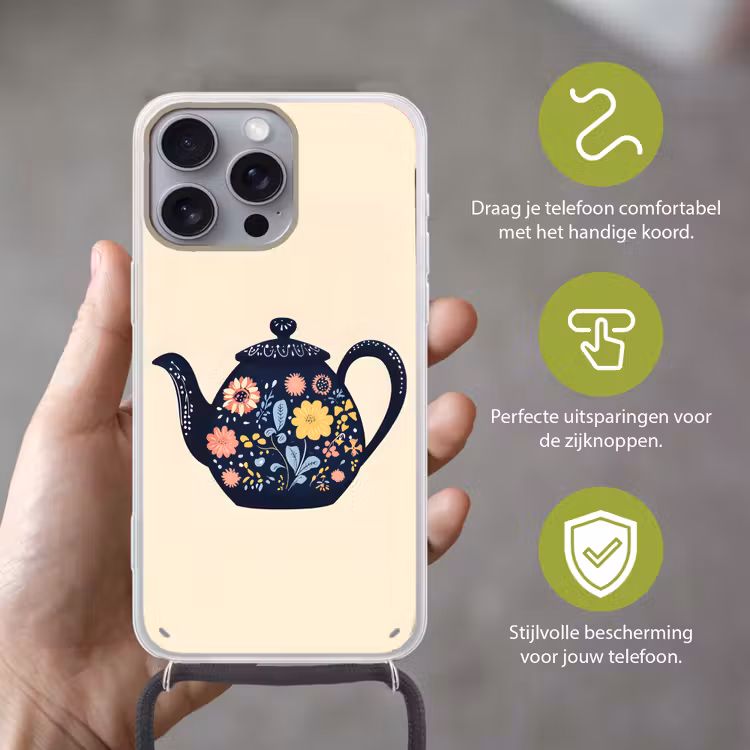 Theepot - Kleurrijk - Bloemen Hoesje iPhone 16 Pro Max met koord klein -sfeer2_NL