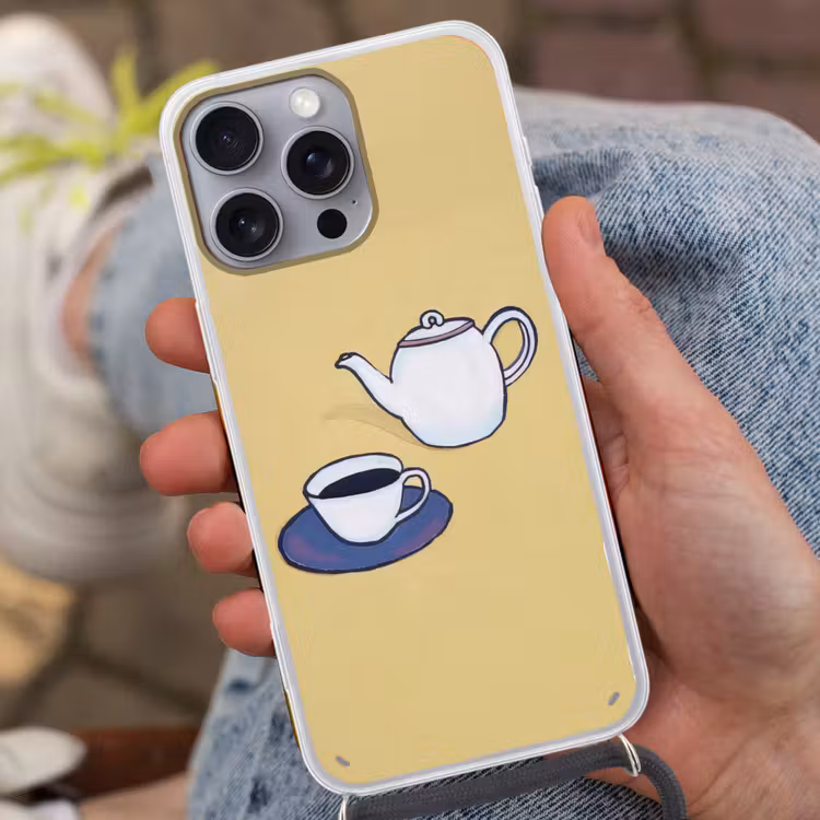 Theepot - Kopje - Beige - Illustratie Hoesje iPhone 16 Pro Max met koord klein -sfeer3