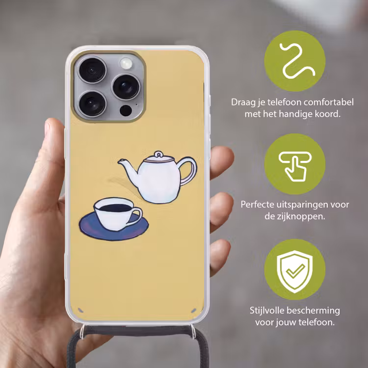 Theepot - Kopje - Beige - Illustratie Hoesje iPhone 16 Pro Max met koord klein -sfeer2_NL