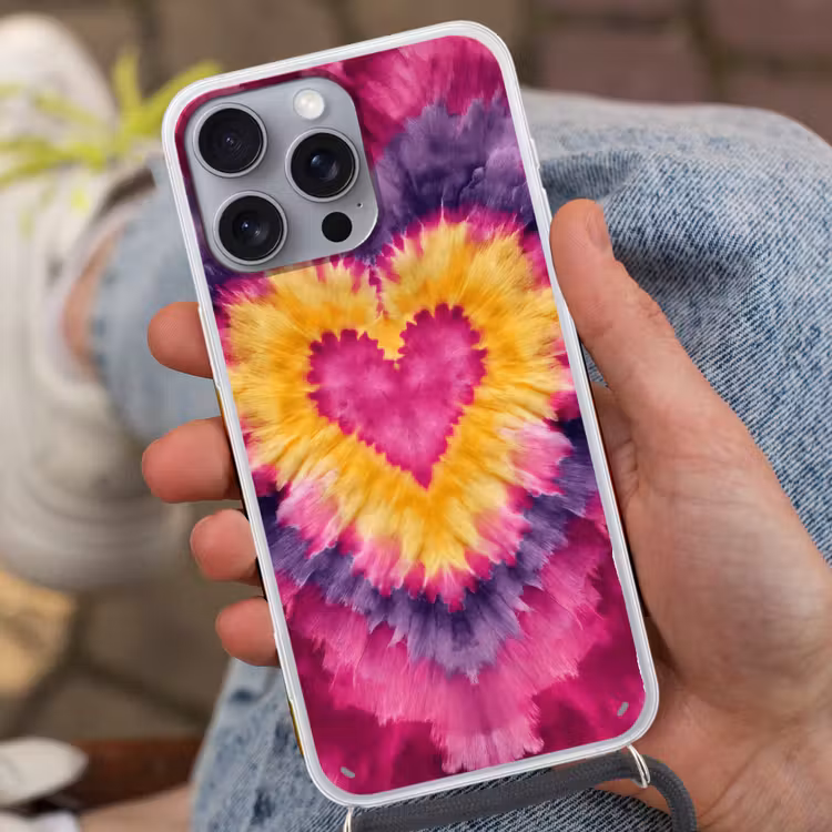 Tie dye - Hartvorm - Vlammen - Oranje Hoesje iPhone 16 Pro Max met koord klein -sfeer3