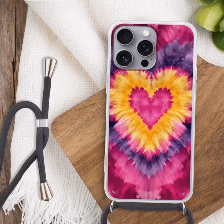Tie dye - Hartvorm - Vlammen - Oranje Hoesje iPhone 16 Pro Max met koord klein -sfeer4