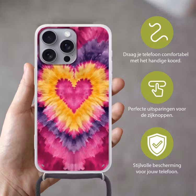 Tie dye - Hartvorm - Vlammen - Oranje Hoesje iPhone 16 Pro Max met koord klein -sfeer2_NL