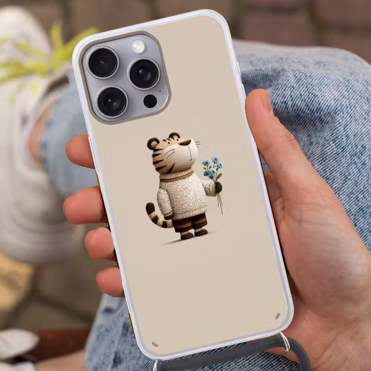 Tijger - Blauwe bloemen - Rustig Hoesje iPhone 16 Pro Max met koord klein -sfeer3