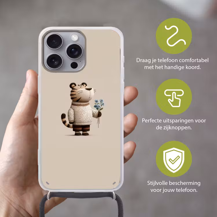 Tijger - Blauwe bloemen - Rustig Hoesje iPhone 16 Pro Max met koord klein -sfeer2_NL
