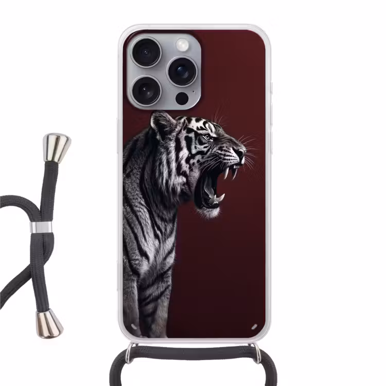 Tijger - Brult - Bordeaux Hoesje iPhone 16 Pro Max met koord klein -3d