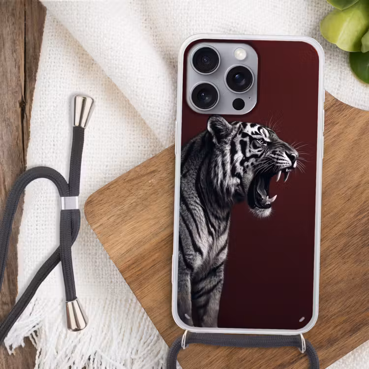 Tijger - Brult - Bordeaux Hoesje iPhone 16 Pro Max met koord klein -sfeer4