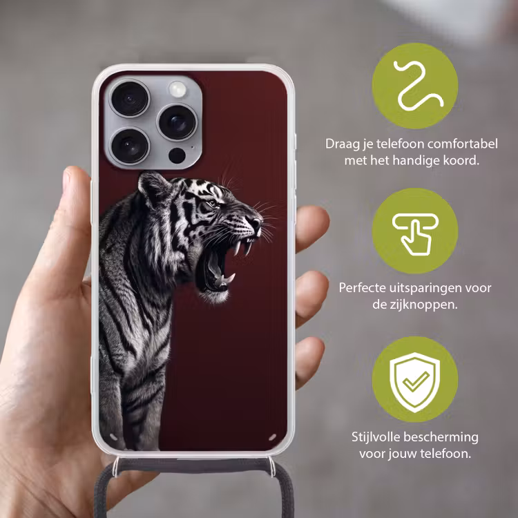 Tijger - Brult - Bordeaux Hoesje iPhone 16 Pro Max met koord klein -sfeer2_NL