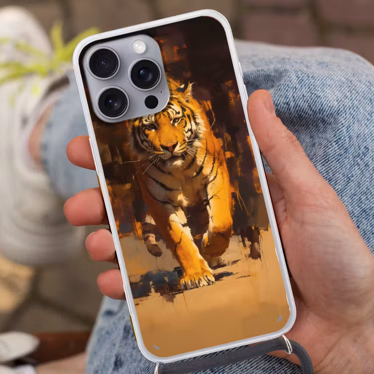 Tijger - Geschilderd - Oranje - Penseelstreken Hoesje iPhone 16 Pro Max met koord klein -sfeer3