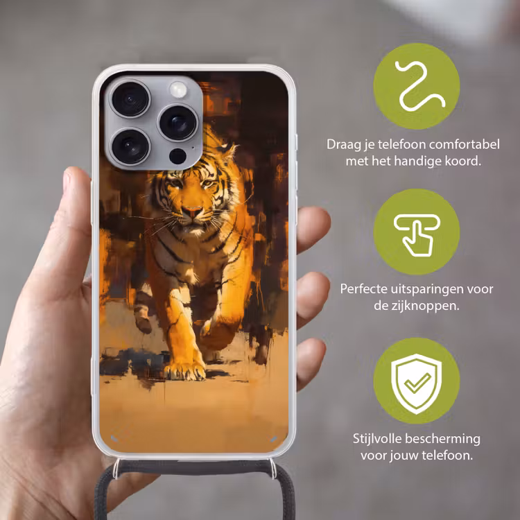 Tijger - Geschilderd - Oranje - Penseelstreken Hoesje iPhone 16 Pro Max met koord klein -sfeer2_NL