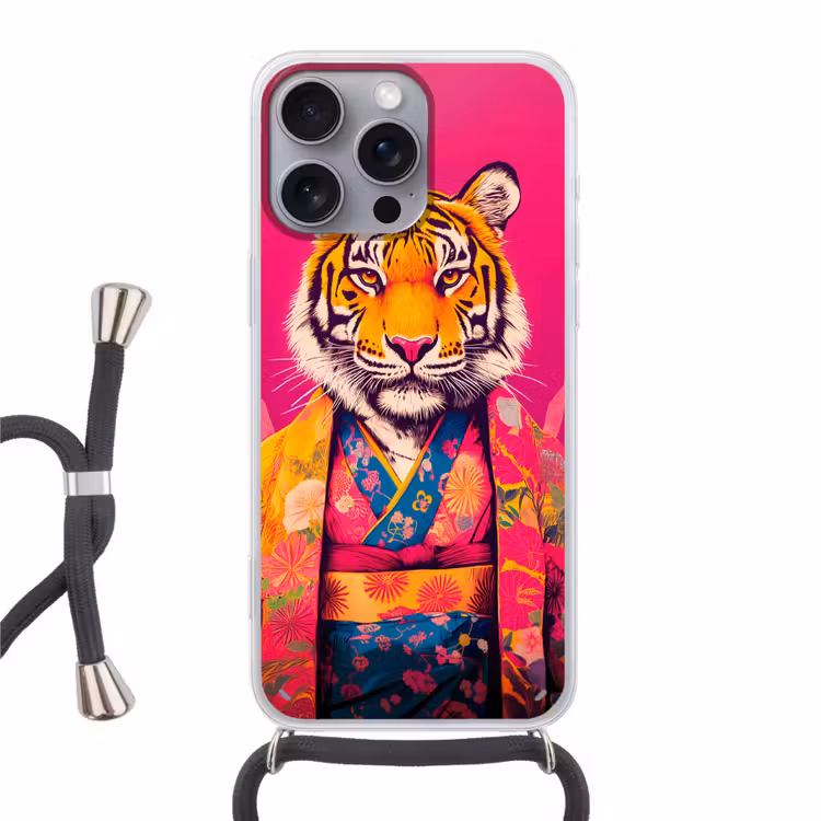 Tijger - Kimono - Planten - Roze Hoesje iPhone 16 Pro Max met koord klein -3d