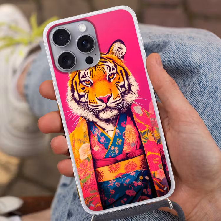 Tijger - Kimono - Planten - Roze Hoesje iPhone 16 Pro Max met koord klein -sfeer3