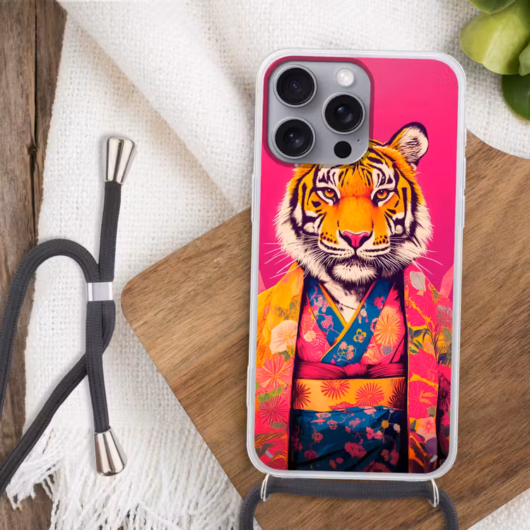 Tijger - Kimono - Planten - Roze Hoesje iPhone 16 Pro Max met koord klein -sfeer4