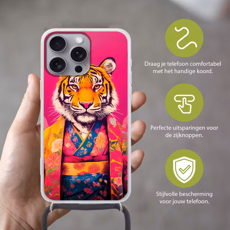 Tijger - Kimono - Planten - Roze Hoesje iPhone 16 Pro Max met koord klein -sfeer2_NL