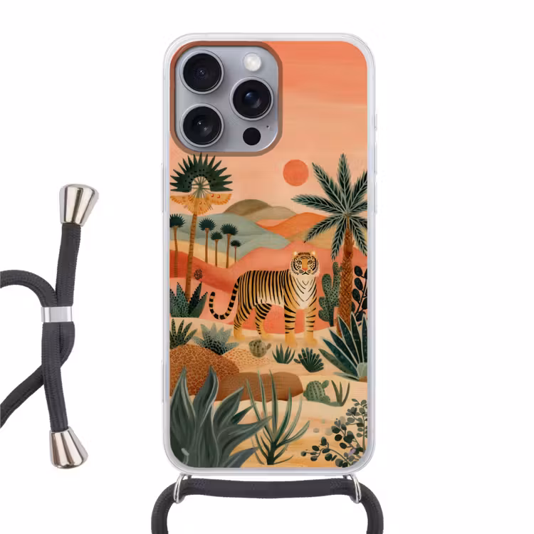 Tijger - Kleurrijk - Palmen - Cactus Hoesje iPhone 16 Pro Max met koord klein -3d