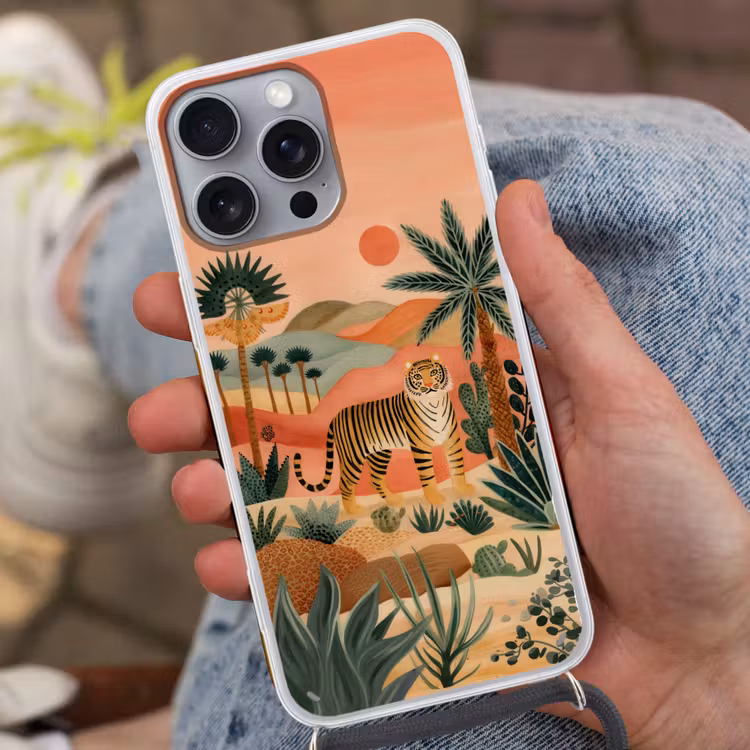 Tijger - Kleurrijk - Palmen - Cactus Hoesje iPhone 16 Pro Max met koord klein -sfeer3