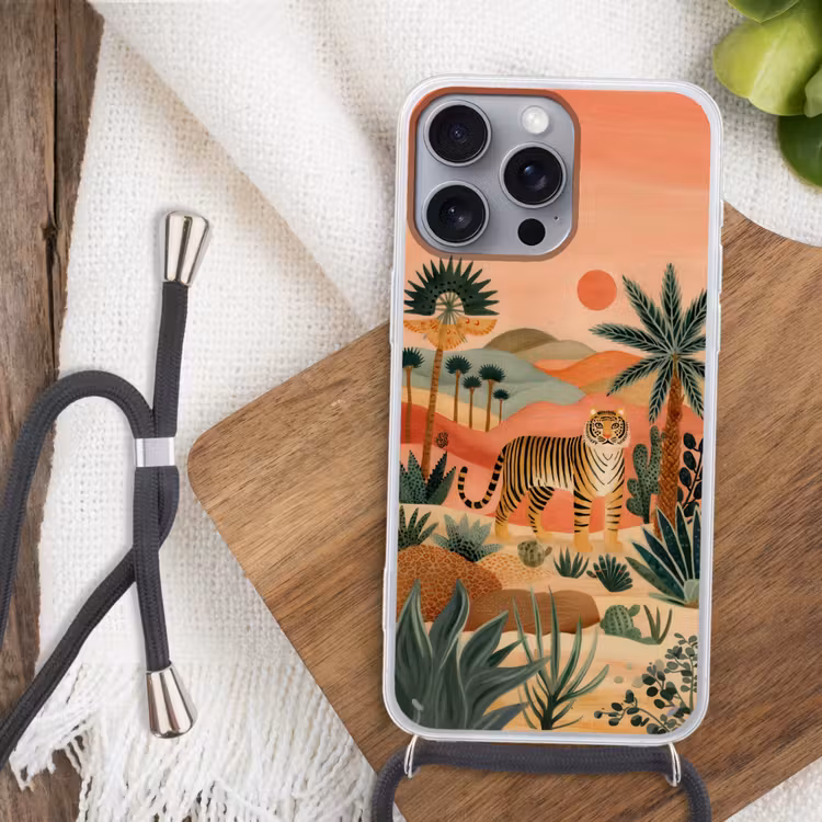 Tijger - Kleurrijk - Palmen - Cactus Hoesje iPhone 16 Pro Max met koord klein -sfeer4