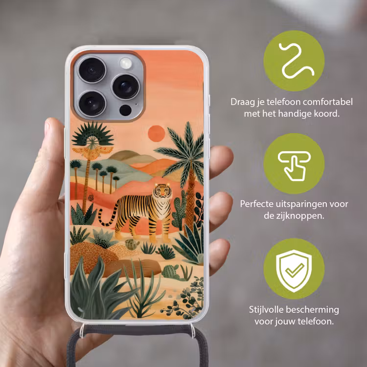 Tijger - Kleurrijk - Palmen - Cactus Hoesje iPhone 16 Pro Max met koord klein -sfeer2_NL