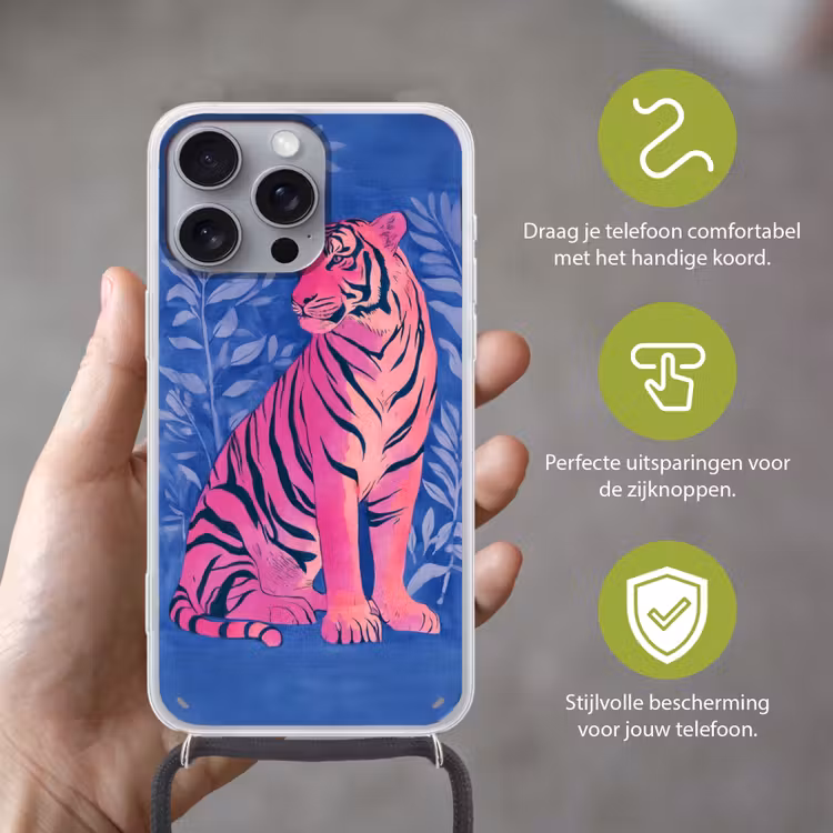 Tijger - Roze - Bladeren - Jungle Hoesje iPhone 16 Pro Max met koord klein -sfeer2_NL