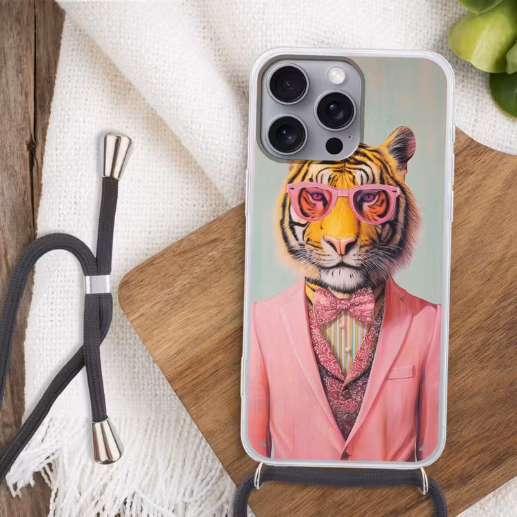 Tijger - Strik - Jasje - Roze Hoesje iPhone 16 Pro Max met koord klein -sfeer4