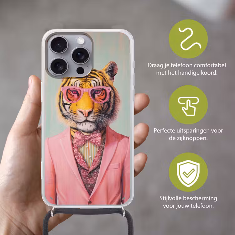 Tijger - Strik - Jasje - Roze Hoesje iPhone 16 Pro Max met koord klein -sfeer2_NL