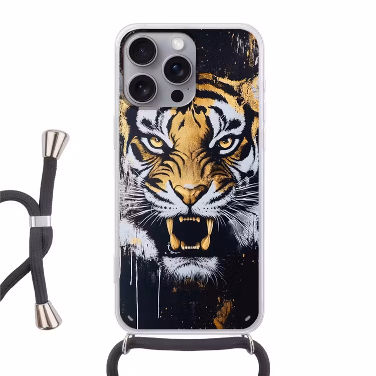 Tijger - Verfspatten - Goud Hoesje iPhone 16 Pro Max met koord klein -3d