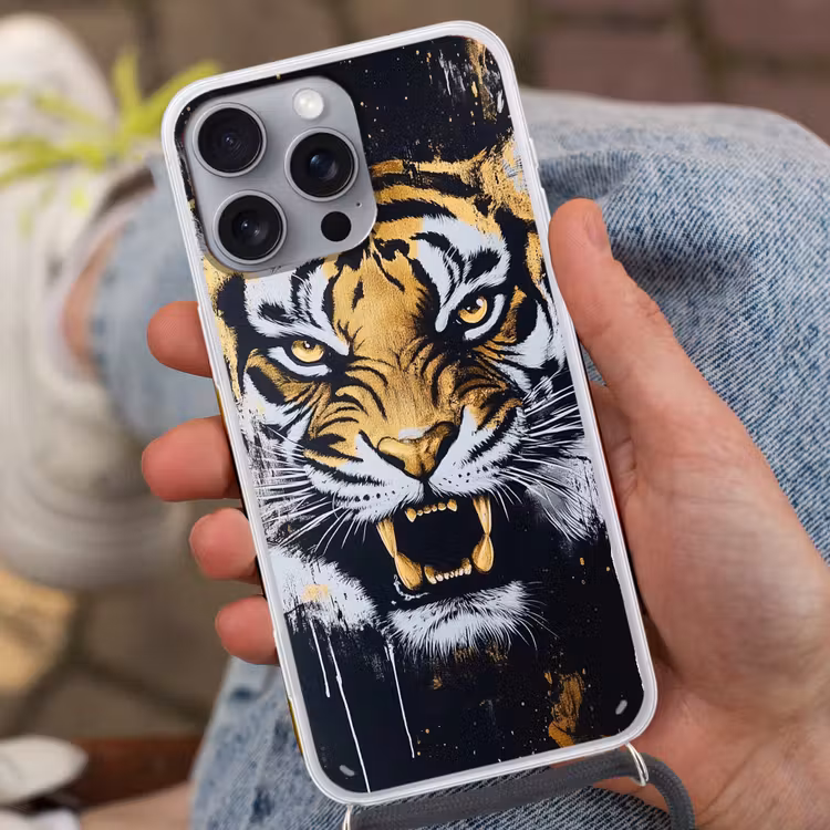 Tijger - Verfspatten - Goud Hoesje iPhone 16 Pro Max met koord klein -sfeer3