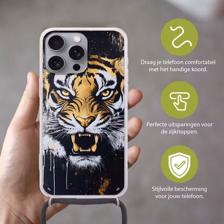 Tijger - Verfspatten - Goud Hoesje iPhone 16 Pro Max met koord klein -sfeer2_NL