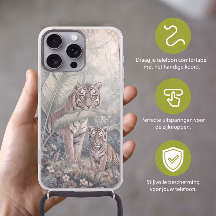 Tijger - Welp - Jungle - Illustratie - Dieren Hoesje iPhone 16 Pro Max met koord klein -sfeer2_NL