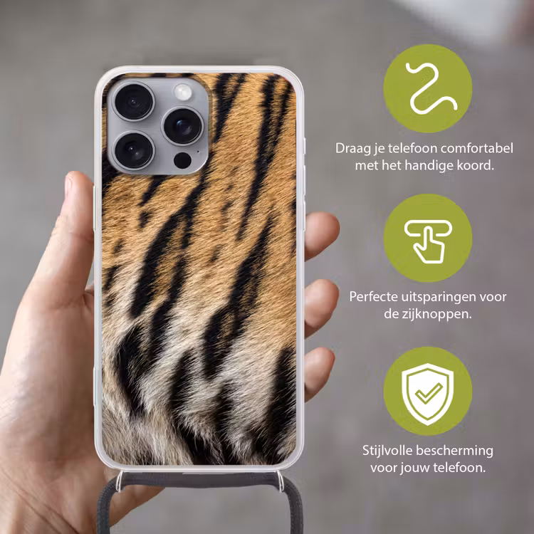 Tijgervacht - Klassiek - Zwart Hoesje iPhone 16 Pro Max met koord klein -sfeer2_NL