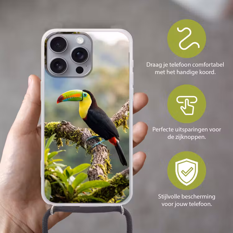 Toekan - Jungle - Natuur - Kleurrijk Hoesje iPhone 16 Pro Max met koord klein -sfeer2_NL