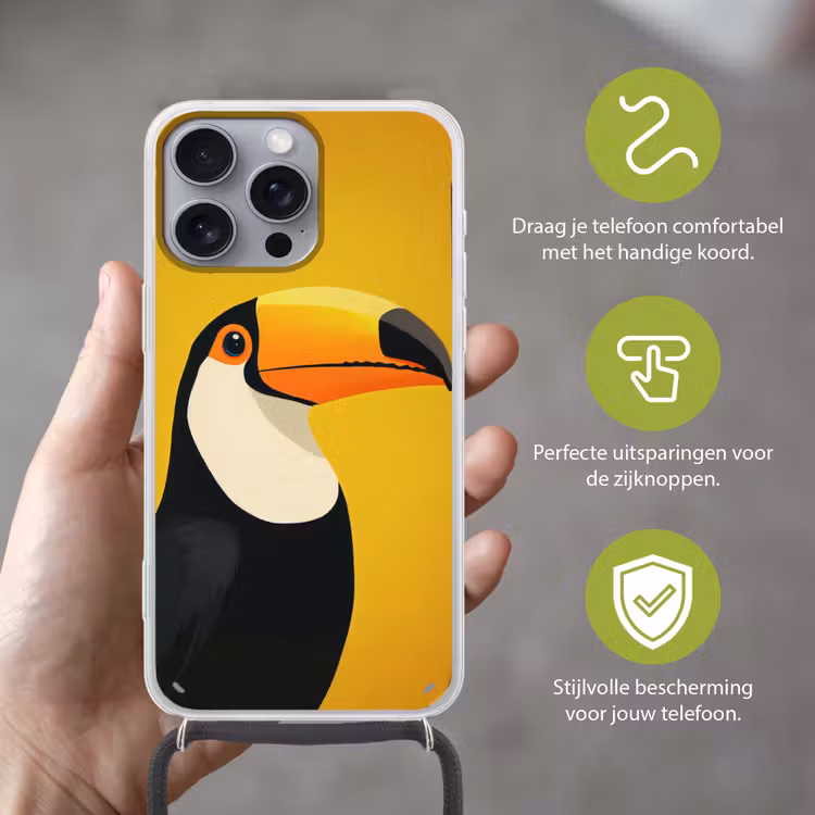Toekan - Minimalistisch - Snavel - Oranje Hoesje iPhone 16 Pro Max met koord klein -sfeer2_NL