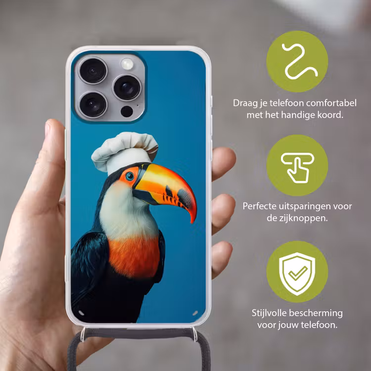 Toekan - Papegaai - Vogel - Koksmuts Hoesje iPhone 16 Pro Max met koord klein -sfeer2_NL