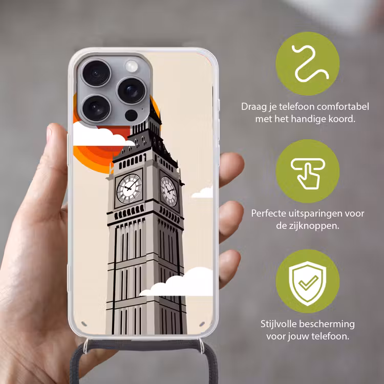 Toren - Klok - Londen - Architectuur - Retro Hoesje iPhone 16 Pro Max met koord klein -sfeer2_NL