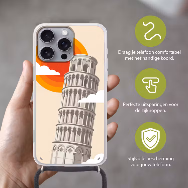 Toren - Pisa - Architectuur - Minimalistisch - Beige Hoesje iPhone 16 Pro Max met koord klein -sfeer2_NL