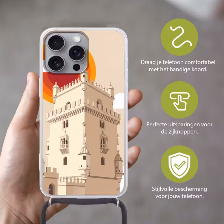 Toren - Rivier - Architectuur - Modern - Oranje Hoesje iPhone 16 Pro Max met koord klein -sfeer2_NL