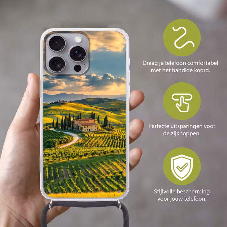 Toscane - Landschap - Wijngaarden Hoesje iPhone 16 Pro Max met koord klein -sfeer2_NL