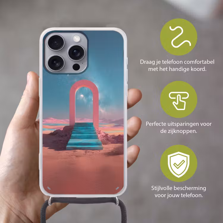 Trap - Boog - Sterrenhemel Hoesje iPhone 16 Pro Max met koord klein -sfeer2_NL