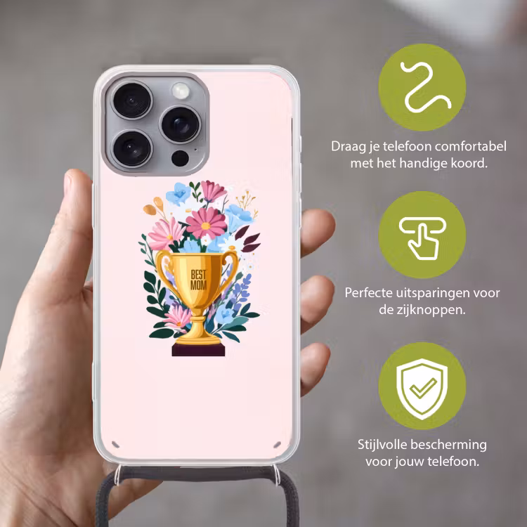 Trofee - Best Mom - Bloemen - Kleurrijk Hoesje iPhone 16 Pro Max met koord klein -sfeer2_NL
