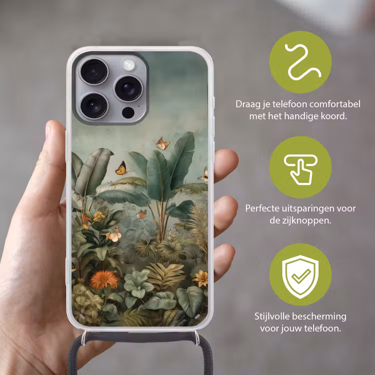 Tropisch bladerdek - Vlinders - groen - Bruin Hoesje iPhone 16 Pro Max met koord klein -sfeer2_NL