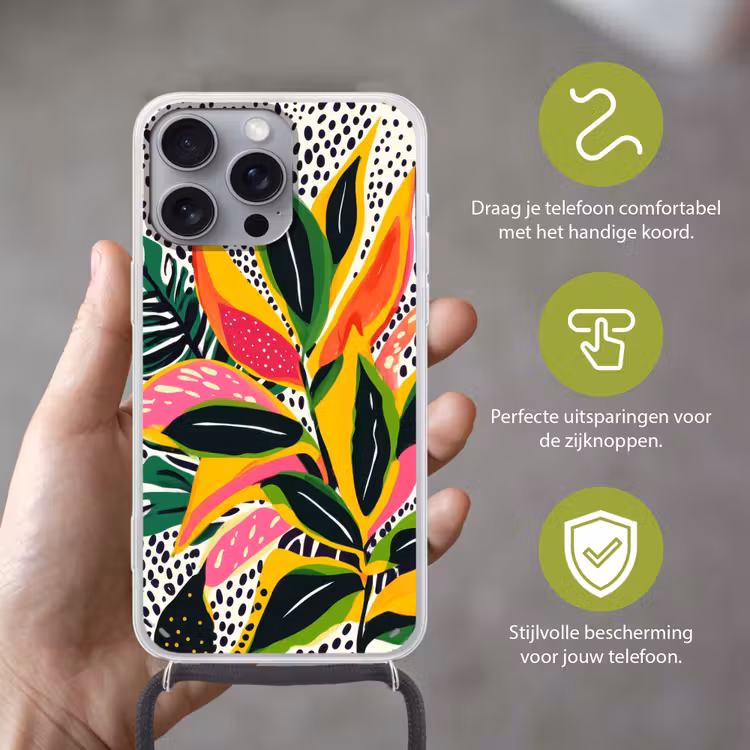 Tropisch - Bladeren - Zwart - wit Hoesje iPhone 16 Pro Max met koord klein -sfeer2_NL
