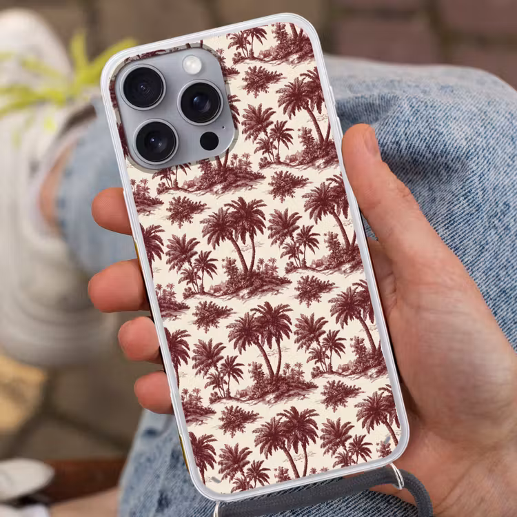 Tropisch - Geometrisch - Bordeauxrood Hoesje iPhone 16 Pro Max met koord klein 804 -sfeer3