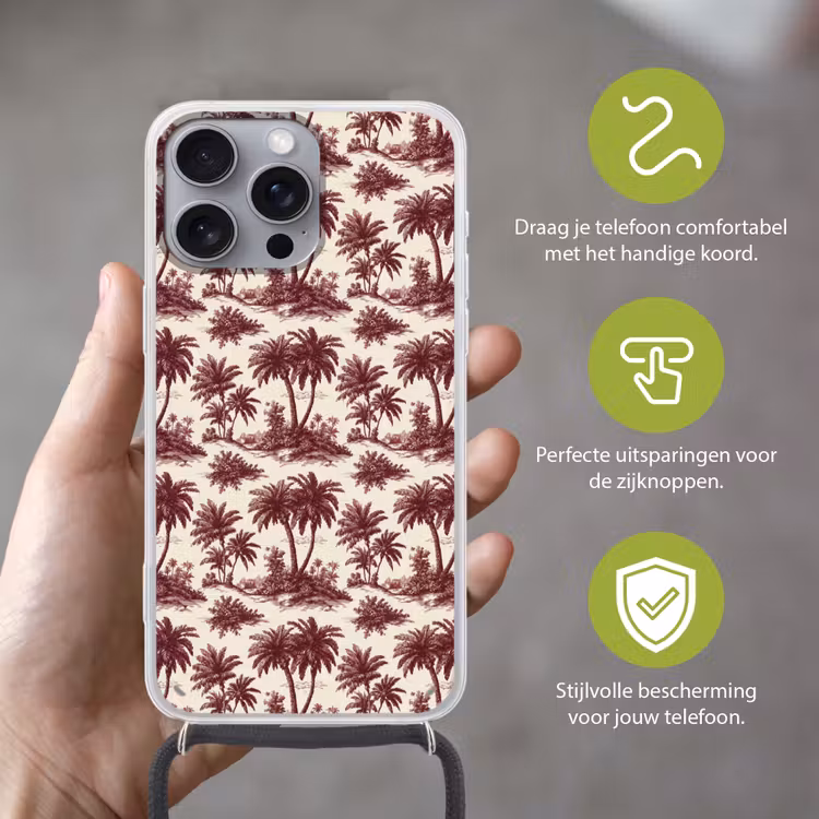 Tropisch - Geometrisch - Bordeauxrood Hoesje iPhone 16 Pro Max met koord klein 804 -sfeer2_NL