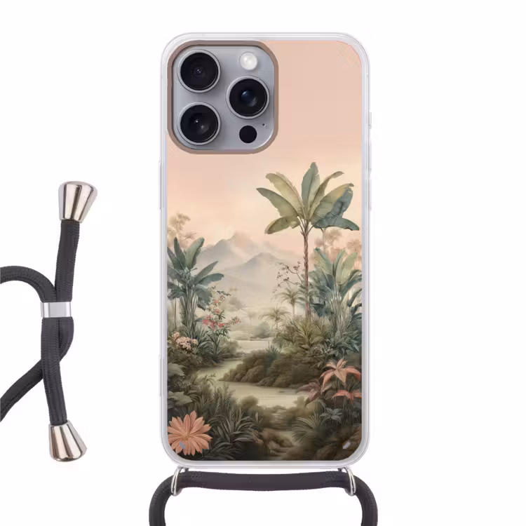 Tropisch landschap - palmbomen - Bloemen - Roze lucht Hoesje iPhone 16 Pro Max met koord klein -3d