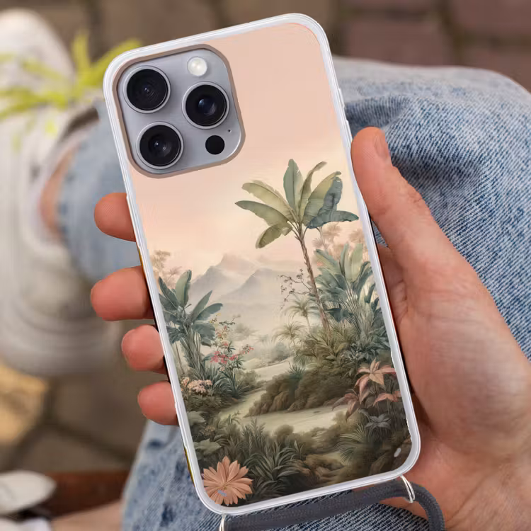 Tropisch landschap - palmbomen - Bloemen - Roze lucht Hoesje iPhone 16 Pro Max met koord klein -sfeer3