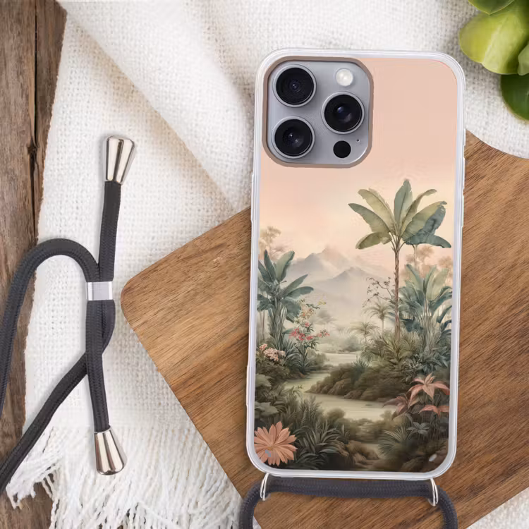 Tropisch landschap - palmbomen - Bloemen - Roze lucht Hoesje iPhone 16 Pro Max met koord klein -sfeer4