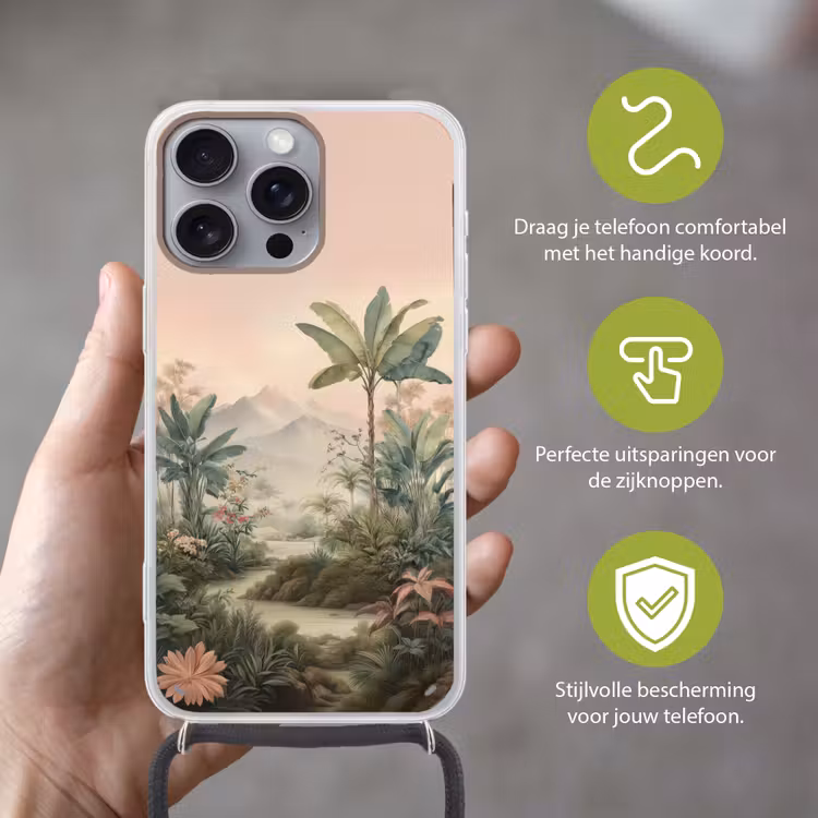 Tropisch landschap - palmbomen - Bloemen - Roze lucht Hoesje iPhone 16 Pro Max met koord klein -sfeer2_NL