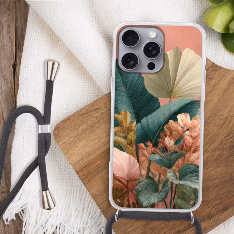 Tropische bladeren - Bloemen - Roze - groen Hoesje iPhone 16 Pro Max met koord klein -sfeer4