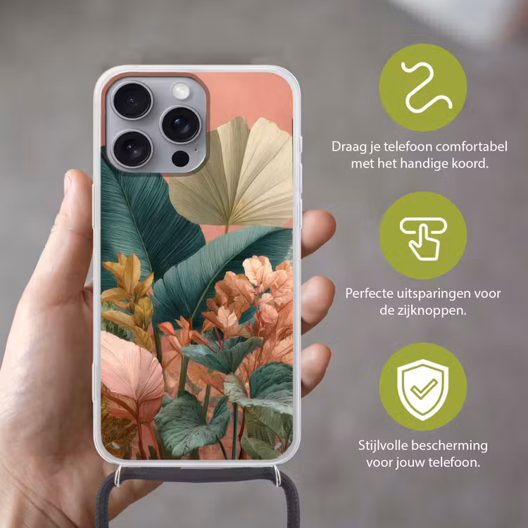 Tropische bladeren - Bloemen - Roze - groen Hoesje iPhone 16 Pro Max met koord klein -sfeer2_NL